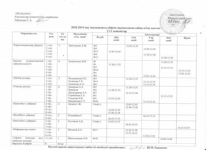   2018-2019 оқу жылындағы үйірме жұмысының сабақ кестесі