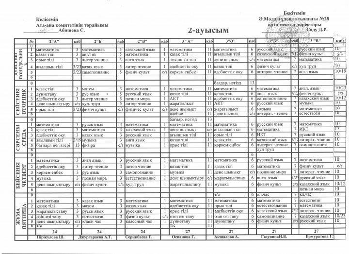2018-2019 оқу жылындағы сабақ кестесі