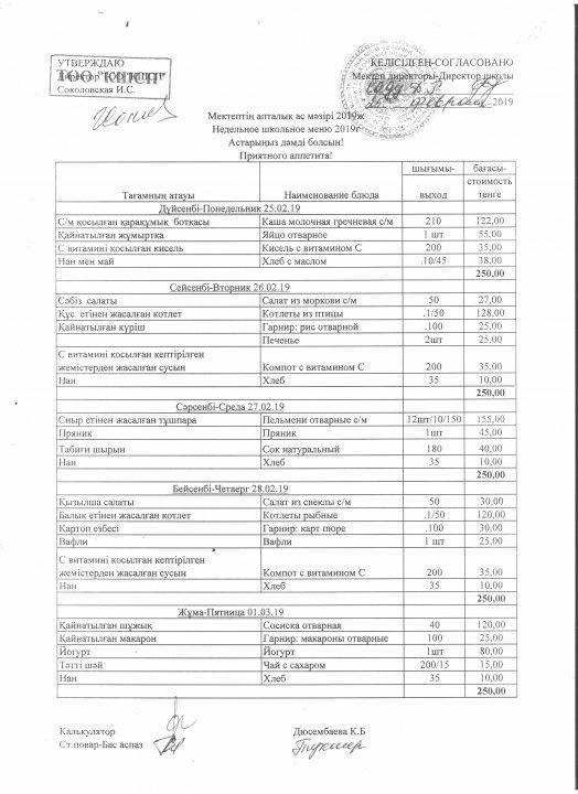 Апталық ас мәзірі және күнделікті ас мәзірі