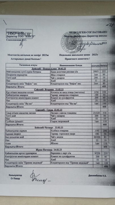 Апталық ас мәзір