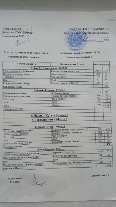 Апталық ас мәзір
