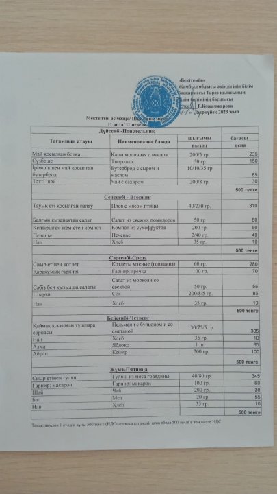 Апталық ас мәзір