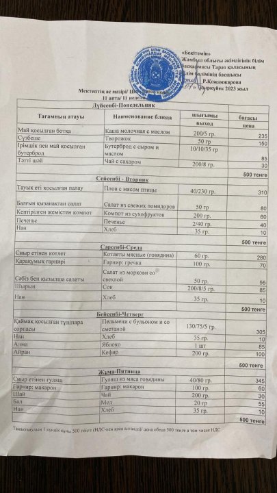 Апталық ас мәзір