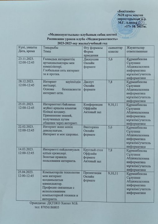 "Медиасауаттылық" клубының сабақ кестесі