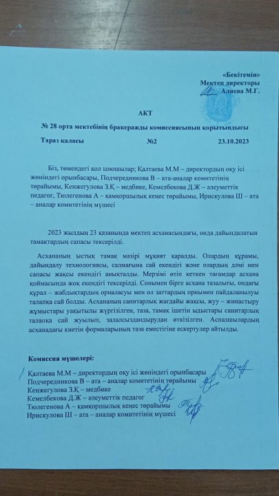 №28 орта мектебінің бракеражды комиссиясының қорытындысы