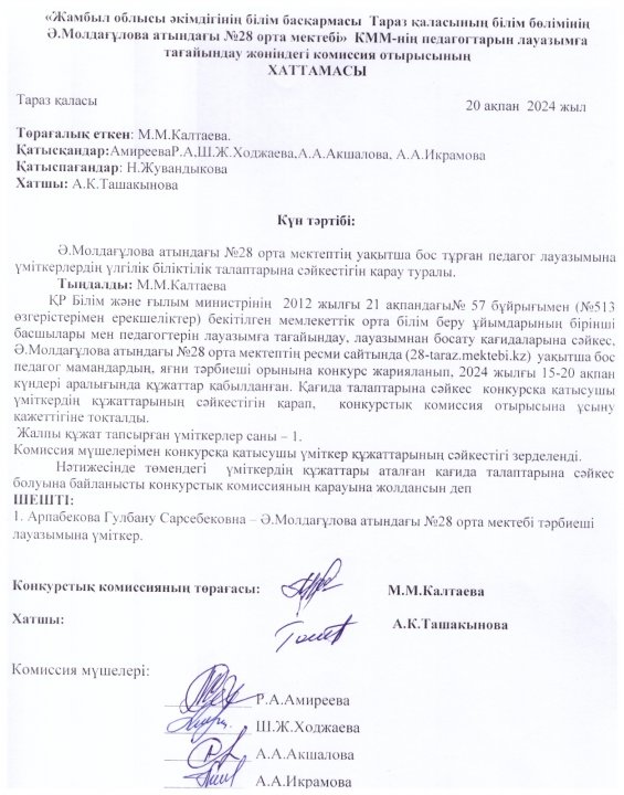 Ә.Молдағұлова атындағы №28 орта мектебі тәрбиеші  лауазымына үміткер.