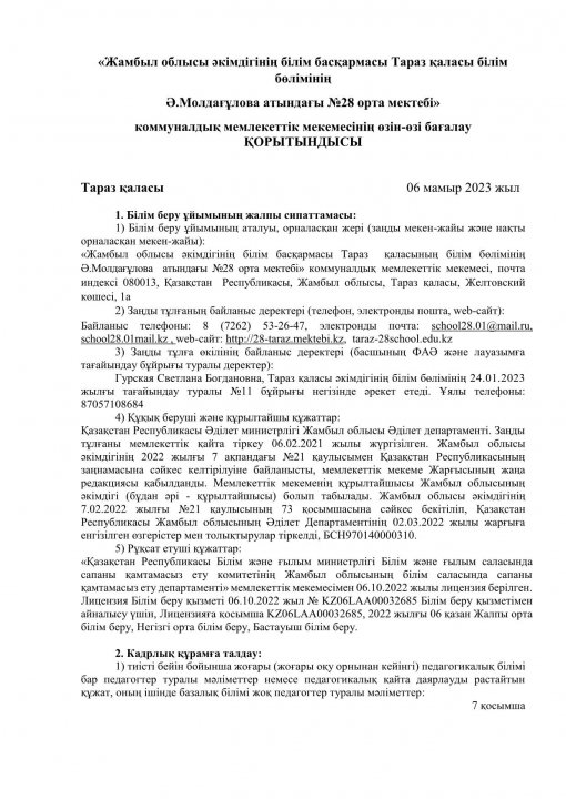 Ә.МОЛДАҒҰЛОВА АТЫНДАҒЫ 28 ОМ ӨЗІН-ӨЗІ БАҒАЛАУ. 2022-2023 Оқу жылы