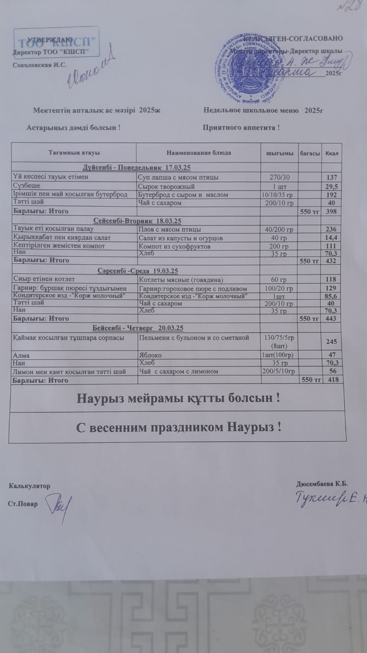 Апталық ас мәзір