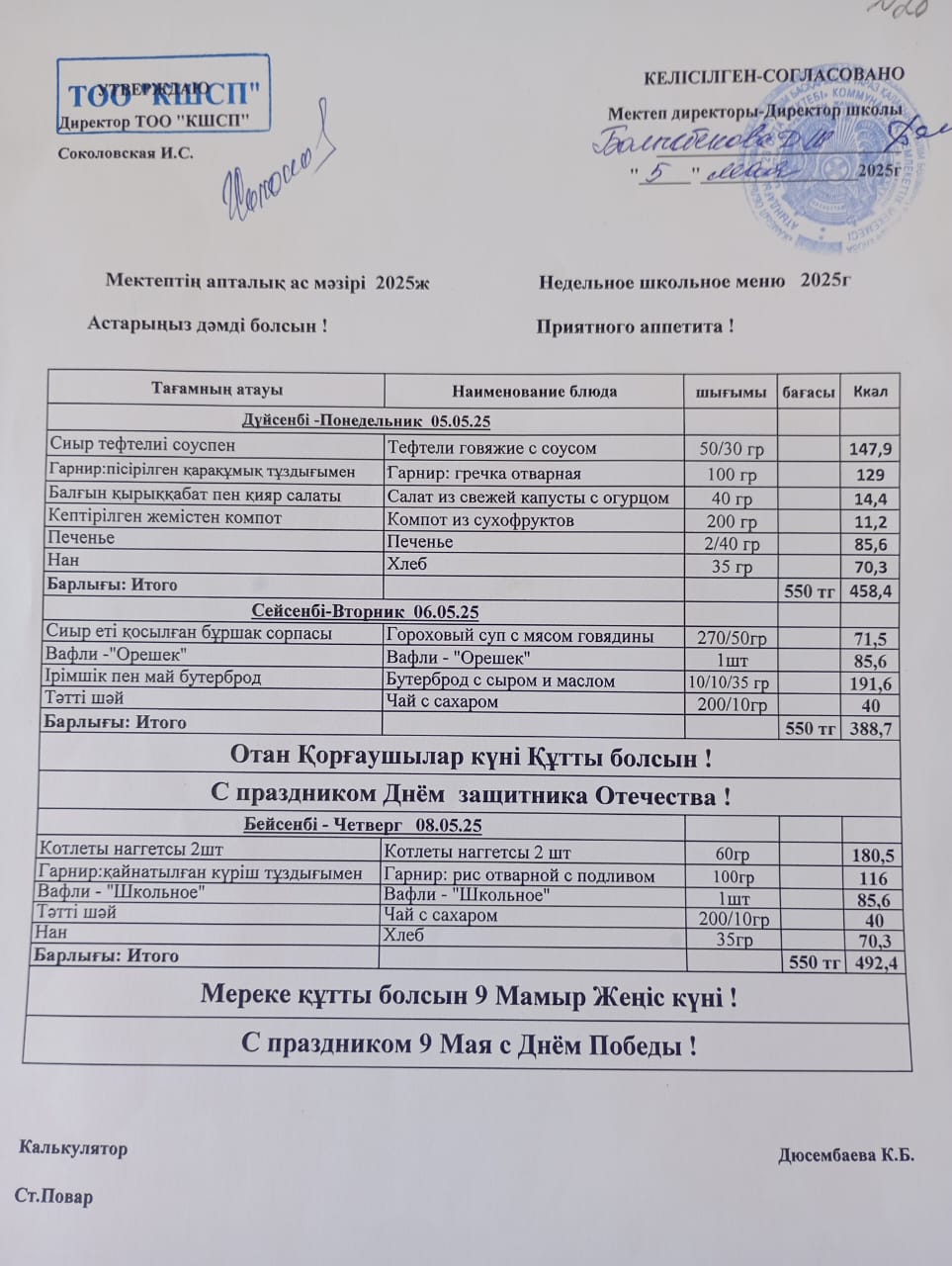 Апталық ас мәзір