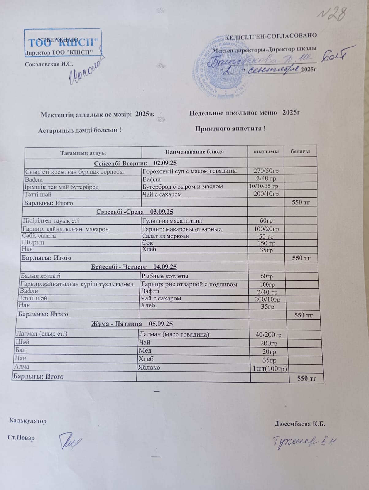 Апталық ас мәзір