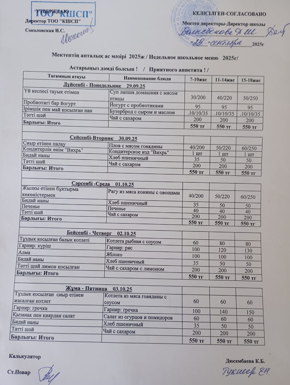 Апталық ас мәзір