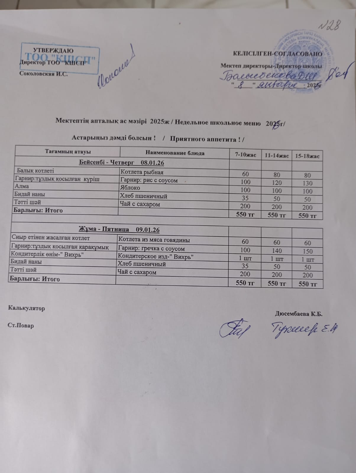 Апталық ас мәзір