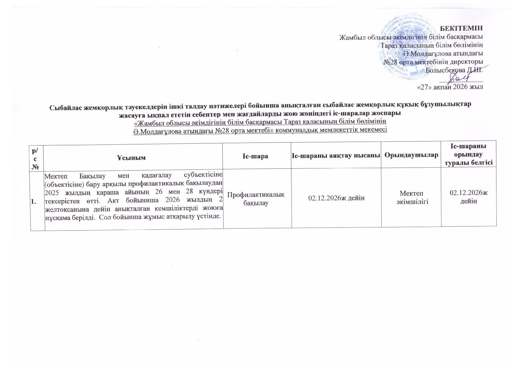 Себептерді жою жөніндегі іс-шаралар жоспары